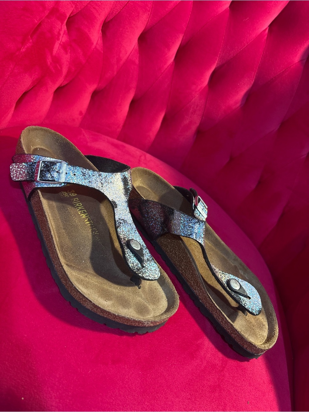 Birkenstock Glitter T-Strap Sandals in Silver